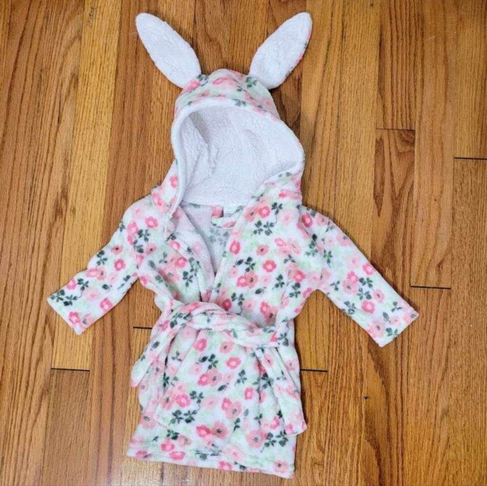 Modern Baby Girls Floral Fleece Hooded Robe Size 0-9 Months Bunny Ears Cute Soft